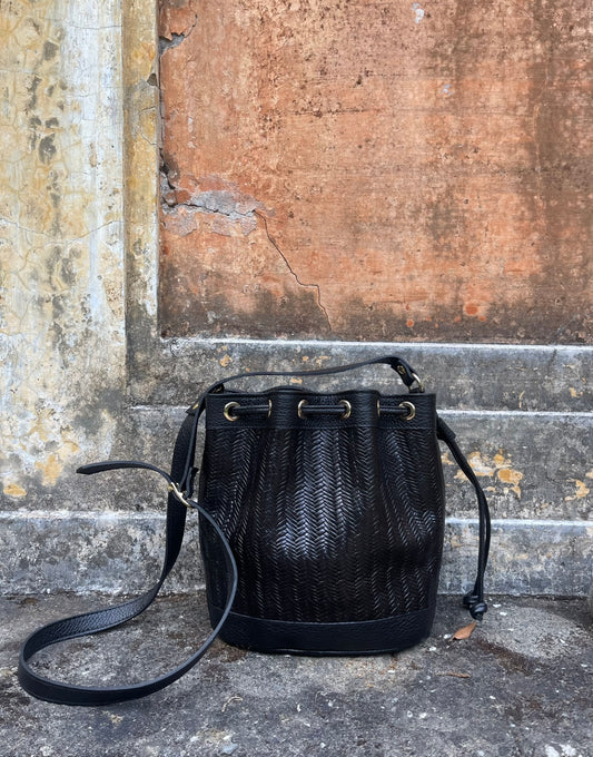 Amira Medium Bucket Woven Leather Black