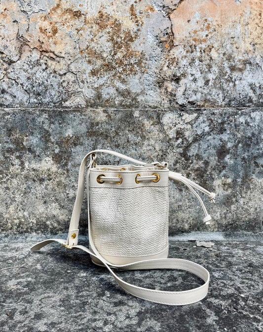 Amira Mini Bucket Woven Leather Beige